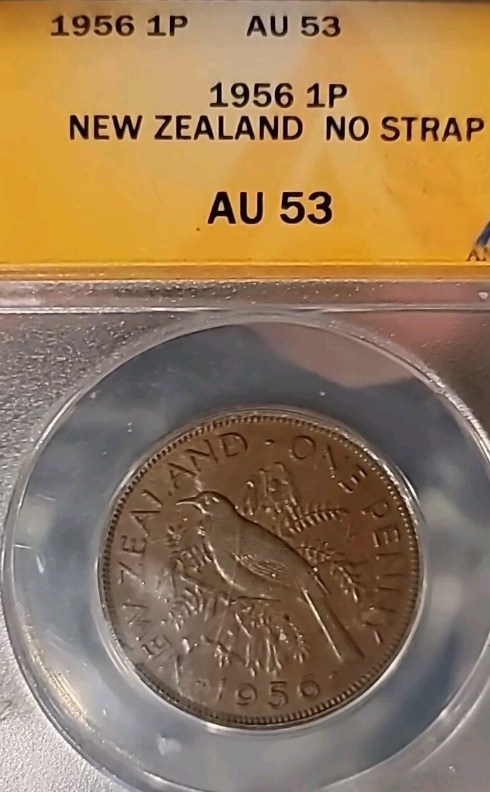 New Zealand 1956 Penny, Rare No Should Strap Variety, ANACS 53 PQ
