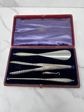Antique Silver Handled Set - Shoe Horn Globe Stretcher Chatelaine Hook In Case