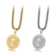 "Collar colgante medalla ovalada de acero inoxidable para hombre de San Benito de 22"""
