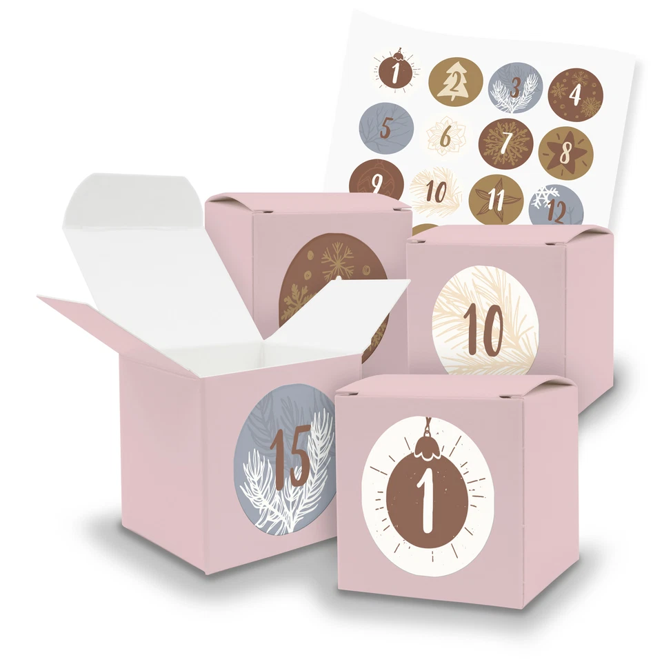 itenga Adventskalender 24x Würfel Rosa Schachteln zum Befüllen mit Aufkleber