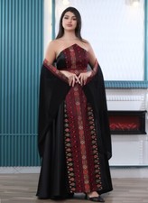 Women Palestinian Embroidered Satin Dress Traditional Sleeveles with scarf