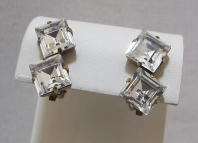 Dazzling Vtg ERMANI BULATTI Square Crystal Duo Art Deco Style Clip Earrings