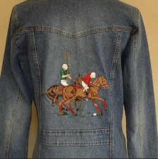 Ooak Custom Embroidered Equestrian Polo Horse Scene Vtg Denim Jacket Coat S