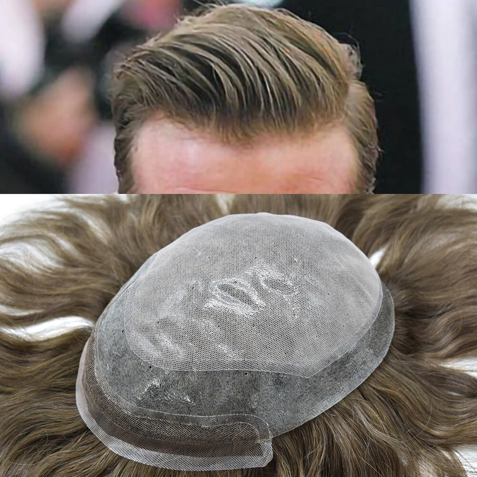 Frente de renda francesa masculina toupee peça de cabelo pele poli sistema de cabelo substituição 8"X10" - Imagem 4 de 4