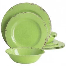 Gibson Mauna 12 Piece Melamine Dinnerware Set In Crackle Green