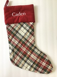 Pottery Barn Green Red Christmas Stocking Velvet Plaid Linen Name