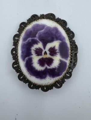 Antique Vintage Sterling Silver Flower Painted Porcelain Flower Pin ...