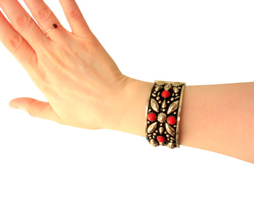 Silver Alpaca Floral Bracelet /Coral Red Glass Cabochon Panel Bangle Pin Hinged - Picture 5 of 12