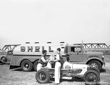 A Shell Gasoline Tanker and A Race Car - 1940s - Vintage Photo Print
