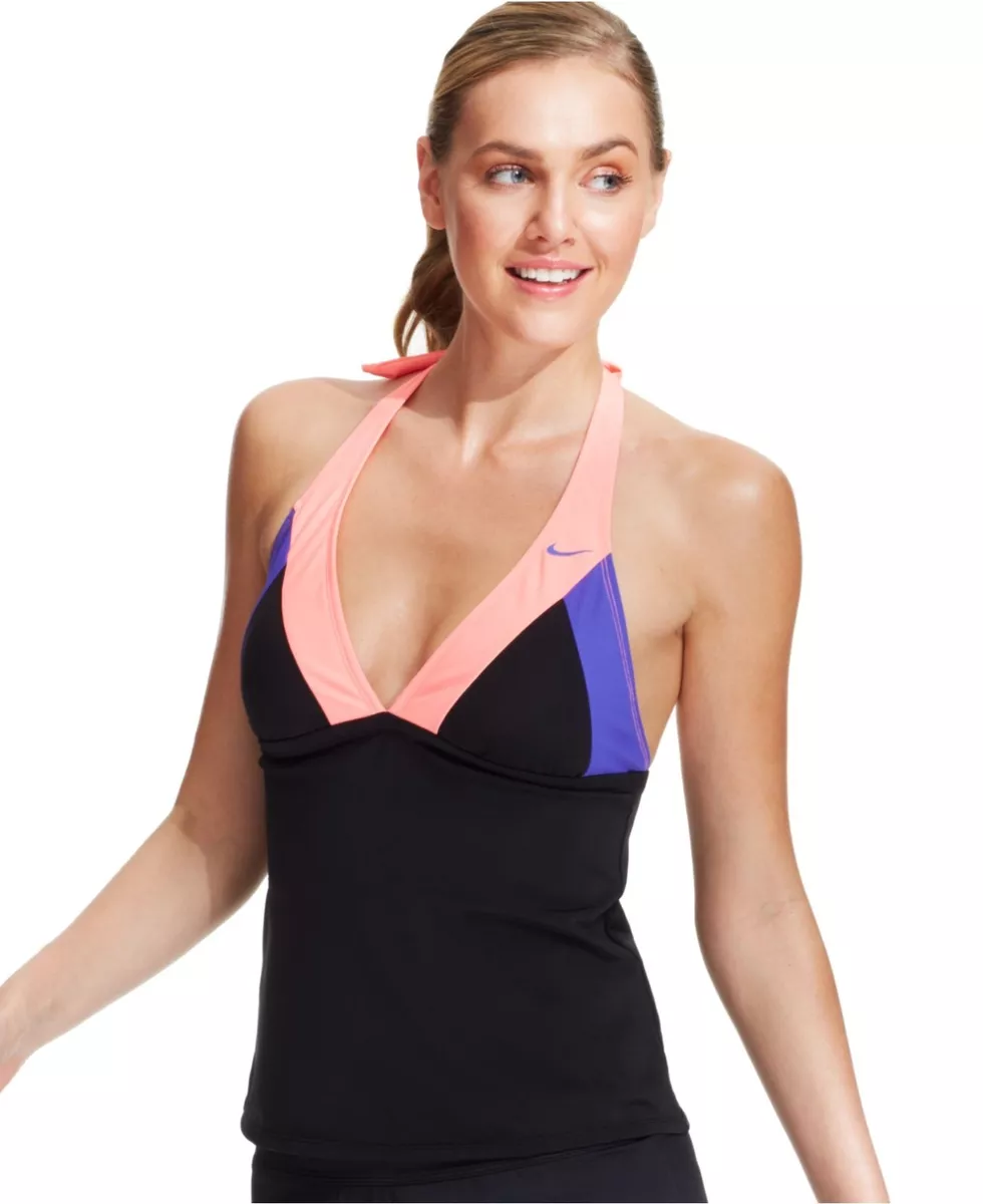 NIKE BEACH BONDI BLOCK HALTER TANKINI SWIM TOP BLACK MULTI SIZE 6