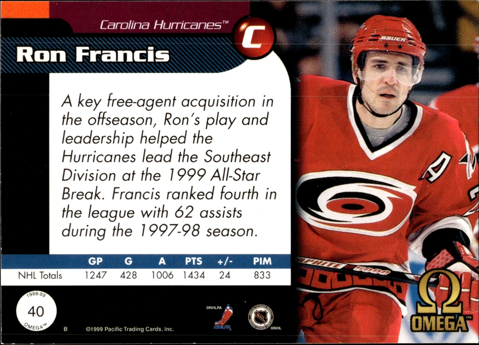 1998-99 Pacific Omega - #40 Ron Francis Hurricanes - Image 2 of 2