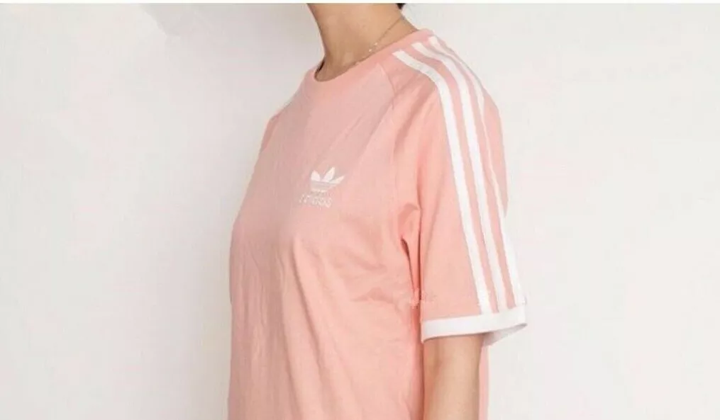 Adidas Women 3 Stripes Tee T-shirt Sleeve Pink Ladies RRP £29.99 |