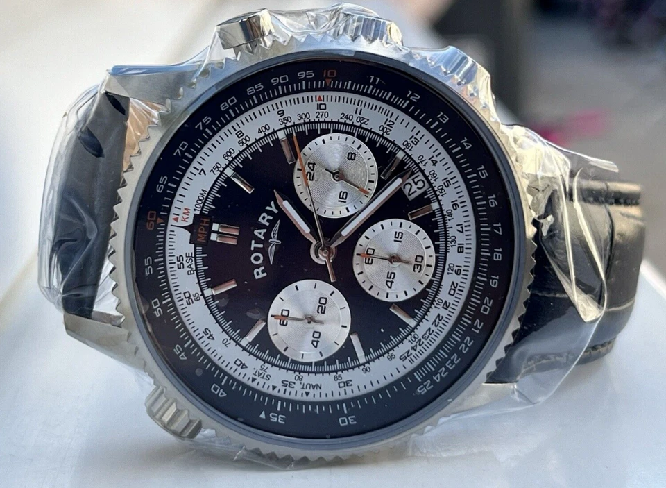 ROTARY GS03021/05 MENS AVIATOR CHRONOGRAPH TACHYMETER NAVY BLUE WHITE DIAL WATCH - Image 4 of 4