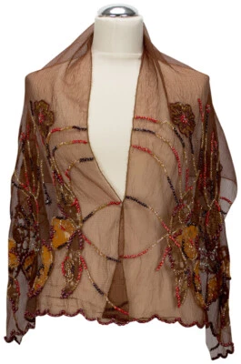Schal Braun Seide handbestickt Pailletten, Hochzeit Abend, Cocktail stole   - Bild 1 von 2