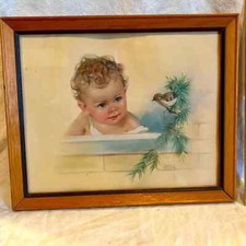Baby Watching Bird Vintage Picture