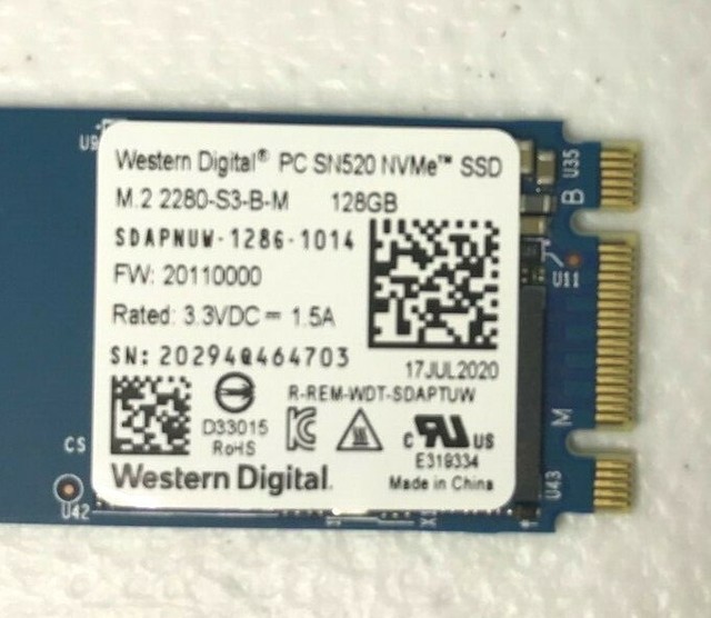 Western Digital 128gb NVMe M.2 2280 SN520 SSD PCIe Solid State Drive