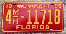 Classic 1965 Florida License Plate Tag 100th Anniversary - 4MH - 11718 - Minty