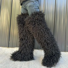 72cm Faux Sheep Fur Thigh High Snow Boots, Faux Raccoon & Fox Fur Women Over Kne