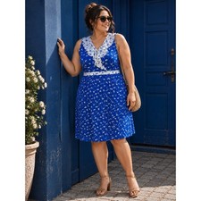 Ann Taylor Womans Sz 14P Petite Faux Wrap Dress Blue Floral Sleeveless