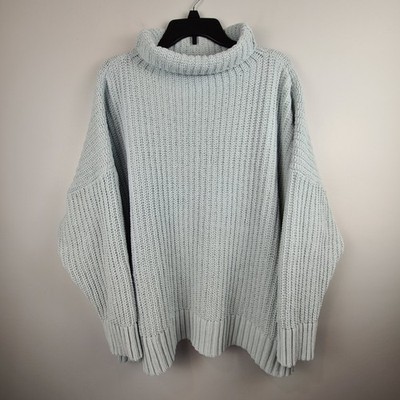Aerie Womens XL Oversized Chenille Turtleneck Sweater Light Blue Chunky Ribbed