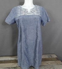 J Crew Mini Dress Medium Blue Chambray Shift Boxy Boho Embroidered Summer Casual