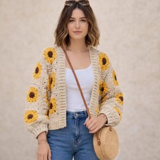 Handmade Crochet Sunflower Cardigan - Boho Fl...