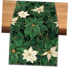 Winter Table Runner Christmas Floral 13" x 72", Table Runner Green Poinsettia