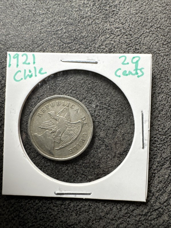 1921 S CHILE 20 CENTAVOS COIN-DEFIANT CONDOR ON ROCK. AU