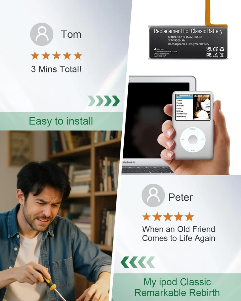 900mAh para iPod 5º 7º Batería Clásica Alta Capacidad 616 0232 Batería Foto 4 de 4