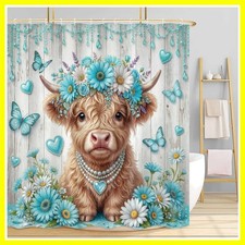Cute Highland Cow Daisy Floral Shower Curtain, Rustic Farmhouse Country Style...