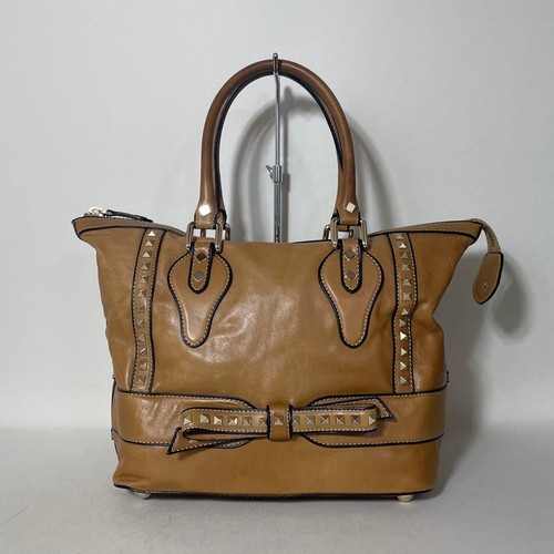 VALENTINO GARAVANI Studded Genuine Leather Tote Shoulder Bag Brown From Japan