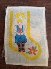 Needlepoint Mini Christmas Stocking Kits Folk girl w/ bells & poinsettia