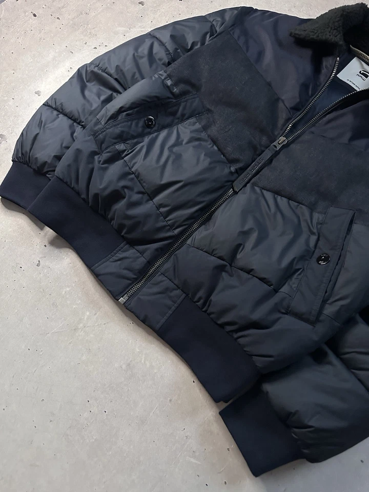 G-Star RAW ORE Denim Mix Bomber Jacket Men’s M Navy Sherpa Collar - Image 2 of 4