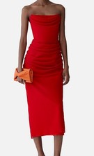 Carolina Herrera Women's Red Strapless Ruched Draped Midi Silk Dress Size 6