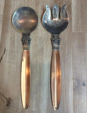 Art Deco Copper Silver Mixed Metal Salad Server Set Fork Spoon Copper Guild
