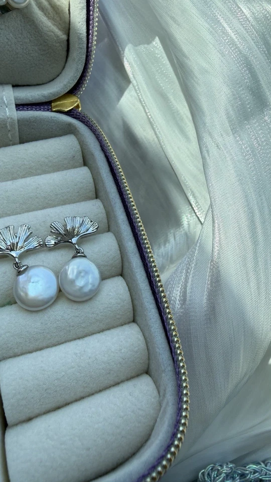 Ginko Leaf Sterling Silver Earrings With Natural Freshwater Baroque Pearls - Image 1 of 3