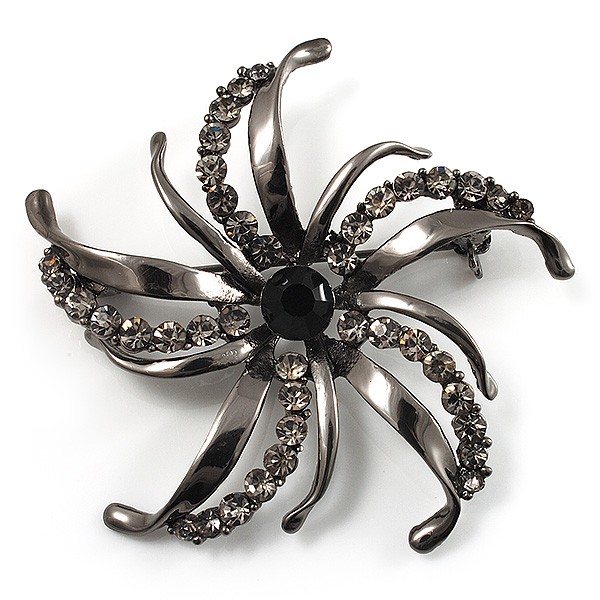 Swarovski Crystal Flower Brooch (Gun Metal)