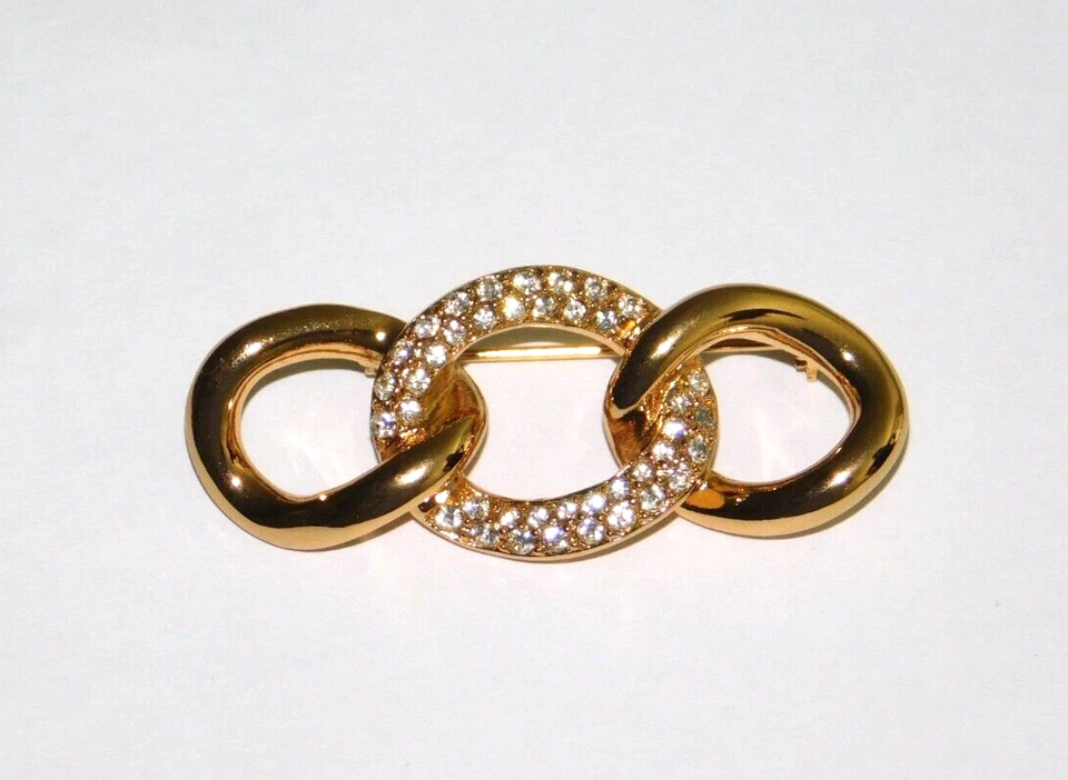 Christian DIOR Sparkling Crystal Chain Link Brooch Pin GoldTone Vintage Signed