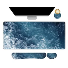 Gaming Mouse Pad Set Memory Foam Wrist Support Ocean Waves Design Non-Slip Base