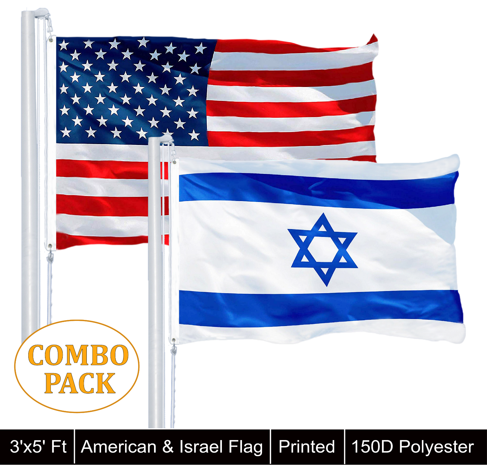 G128 Flaggen-Kombipack: USA & Israel – Je 3x5 Fuß (ca. 90x150 Cm), 150D Polyester, Mit Ösen
