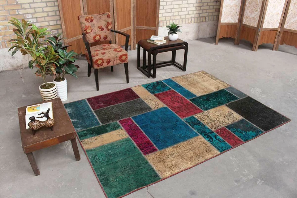 5x6 Vintage Handmade Wool Hand Knotted Colorful Geometric Patchwork Area Rug - Image 2 of 4