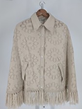 Vintage 70s Hippie Boho Floral Knit Beige Fringe Cape Poncho OS Sweater Button