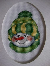 COMPLETED FINISHED CROSS STITCH CARD ''GREEN HAT SNOWMAN"