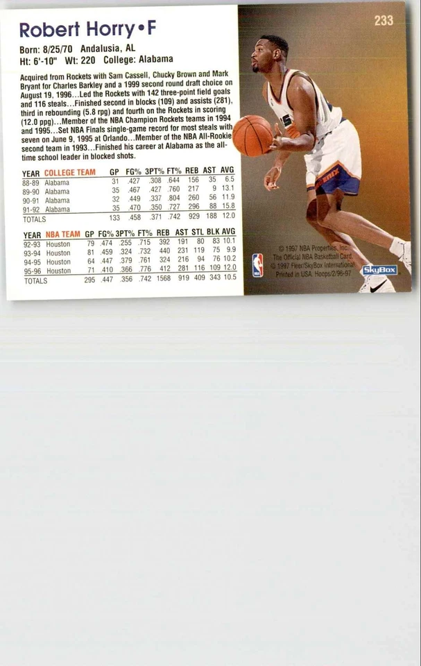 1996-97 NBA Hoops Robert Horry Basketball Cards #233 - Image 2 of 2