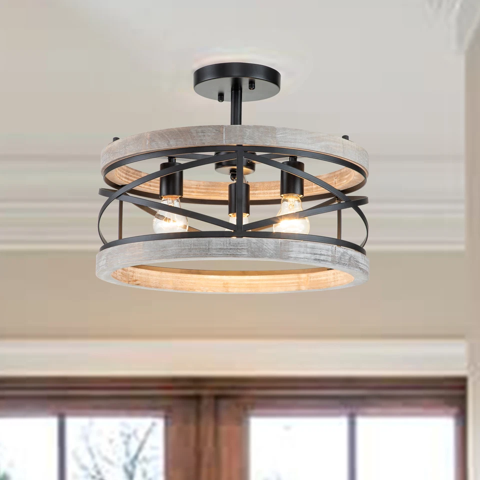 17.25 in. 3-Light Black Semi-Flush Mount with Wood Accent - Image 2 of 4