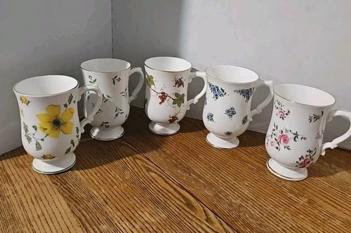 5 Royal Victoria England Fine Bone China Floral Pedestal Mugs Cups 4.5”