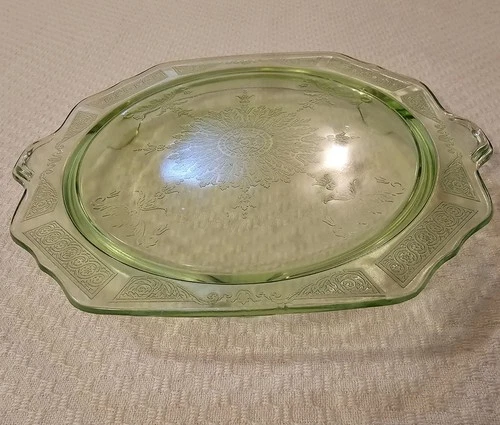 VTG 1930s Hocking Green Depression Glass Platter Princess Pattern Urainium Glass