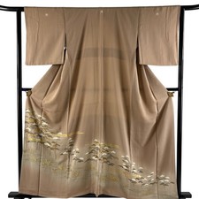 JAPANESE KIMONO IROTOMESODE Light brown 158.5cm 5 ft 2 in PURE SILK AA9912