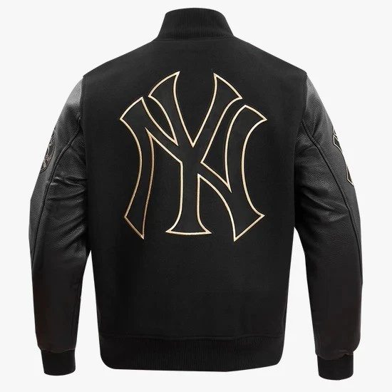 New York Yankees Baseball Varsity Jacket Black Wool & Leather Bomber Style Coat - product detail image 2