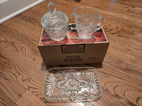 New Vtg Anchor Hocking Early American Prescut 4 PC Creamer & Sugar Set with Tray